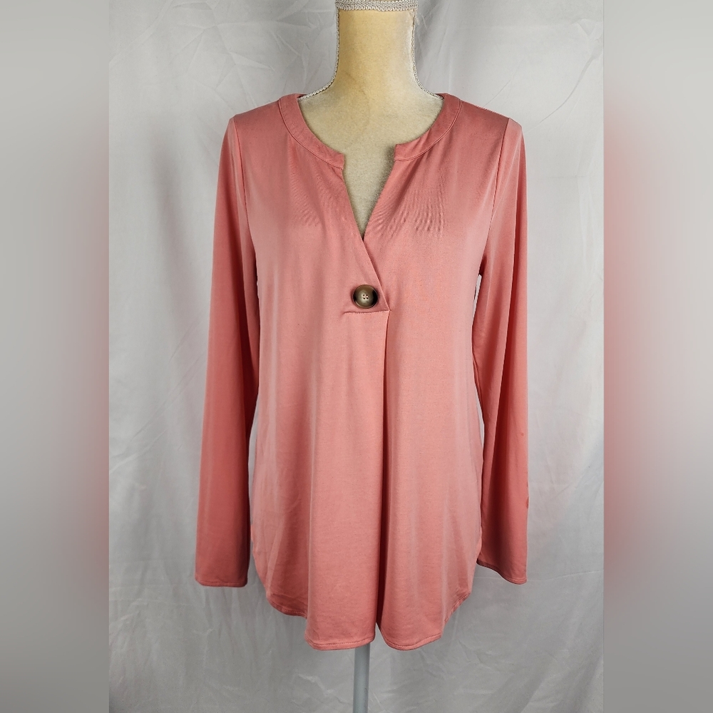 Soft Surroundings Tia Button Pleated Peach Minimal V-Neck Long Sleeve Top sz S